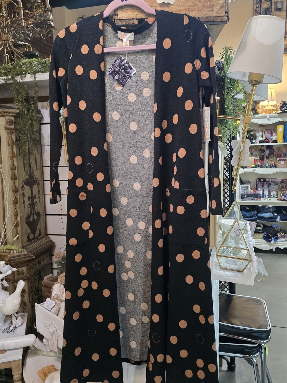 LuLaRoe Sarah Black Cardigan with Tan/peachy Polka Dots Size XS